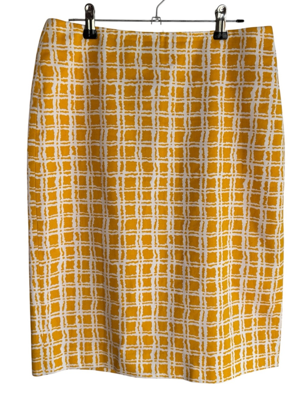 Talbots 100% Cotton Pencil Skirt Sz 2 XS Yellow White Abstract Check Printed EUC